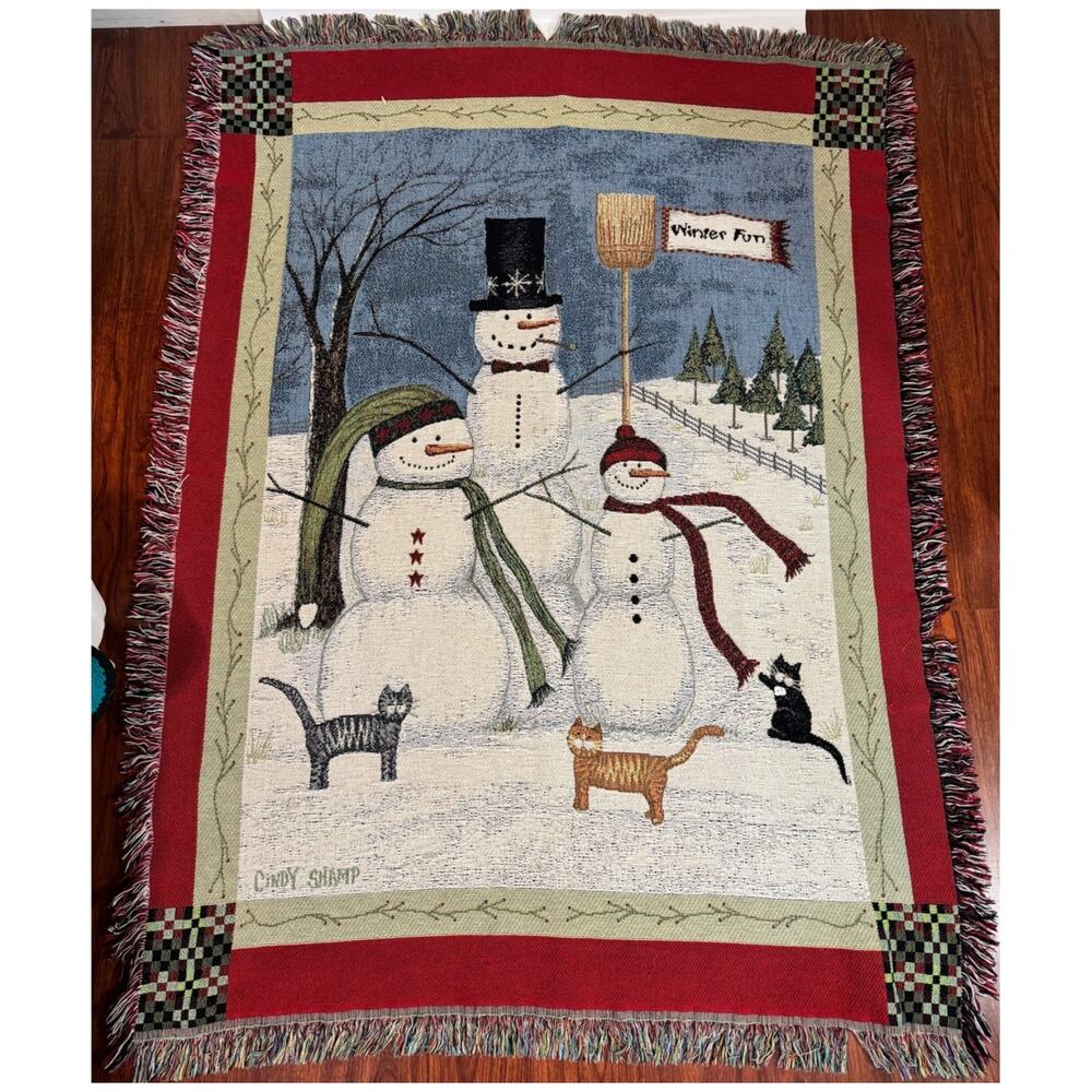 Christmas Holiday Tapestry throw Cindy Sharp Winter Fun Snowman & Kitty Family
